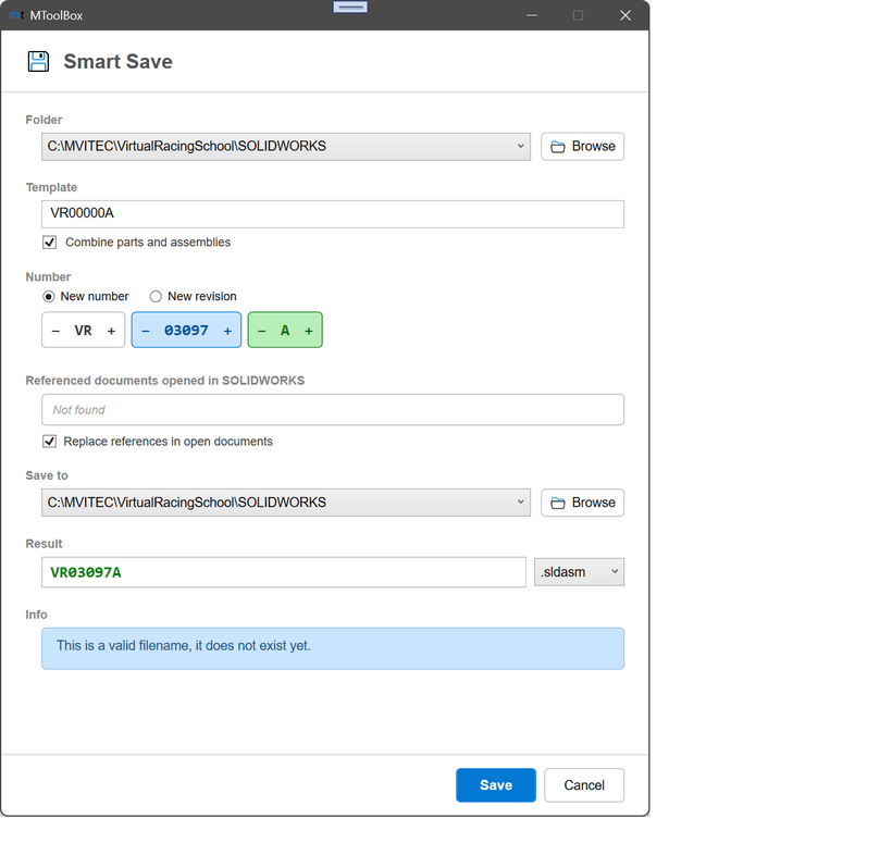 Smart Save dialog - file numbering form inside SOLIDWORKS